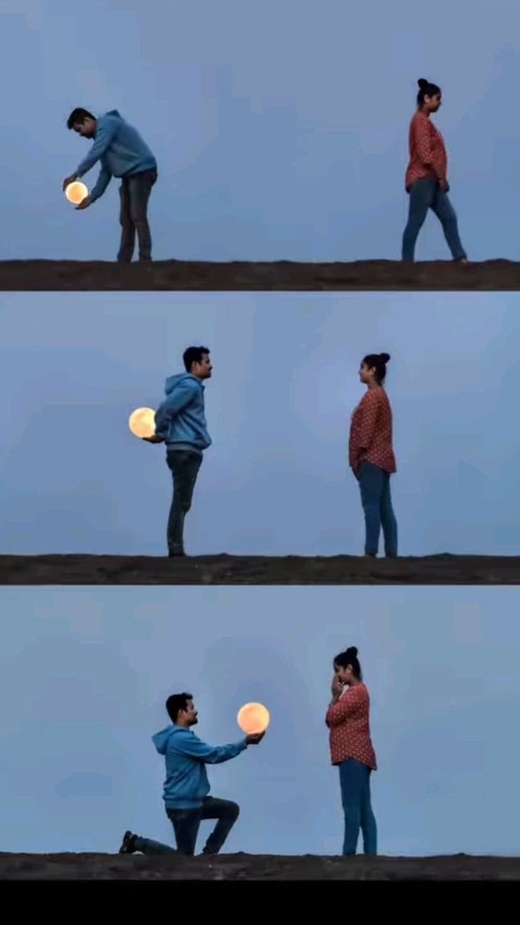 Creative pre-wedding photoshoot of couple standing outdoors